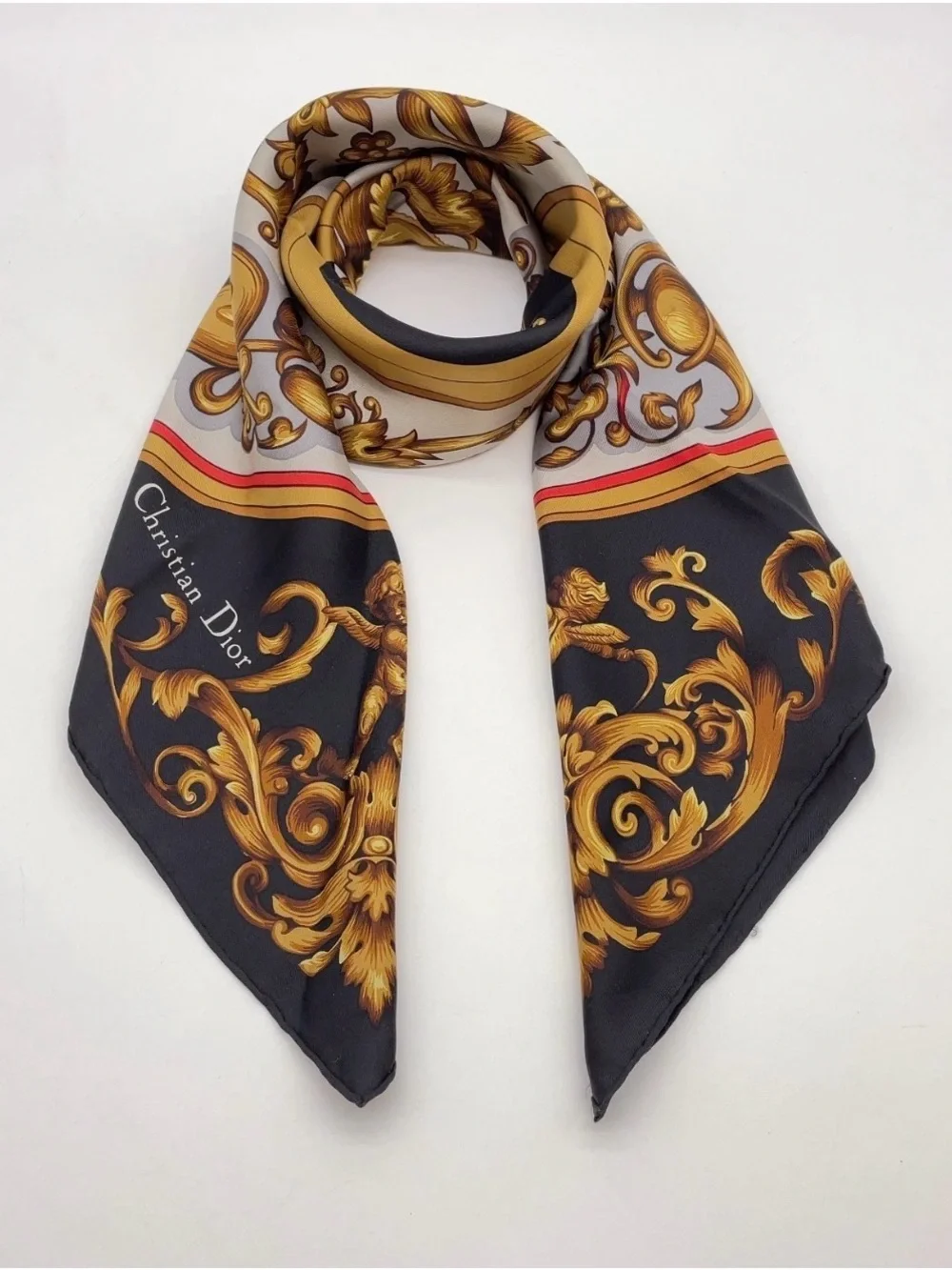 DIOR Vintage 80’s Baroque Gold & Black 100% Silk Cherub & Fleur-De-Lis Scarf